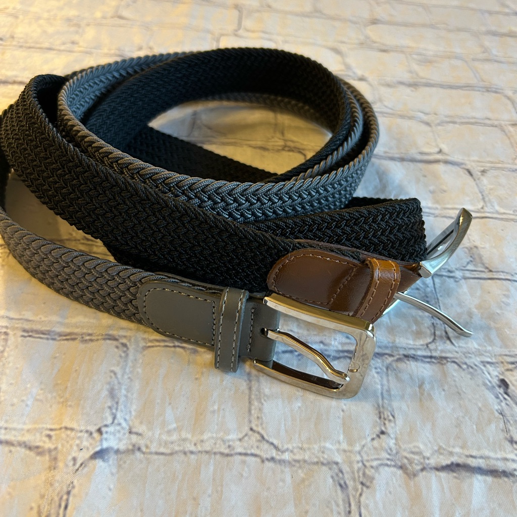 Bundle Of 2 Mens Stretch Belts Black And Grey With Silver Shiny Buckles